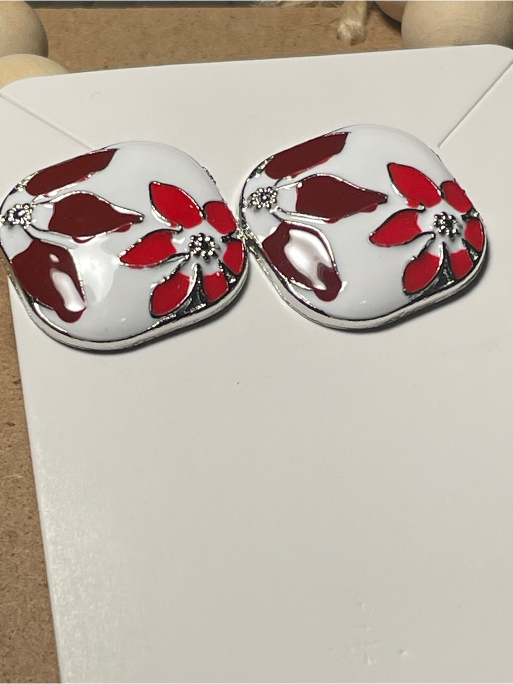 Red and White Floral Enamel Clip-On Earrings